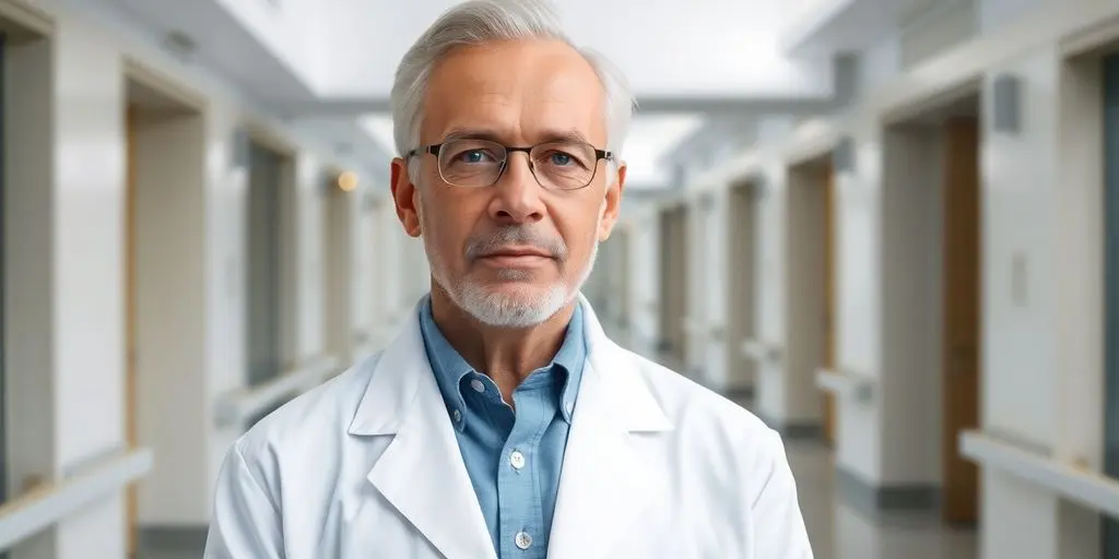 Kräftige Darstellung: Oberarzt in stilvollem, modernem Krankenhausumfeld, engagiert, fokussiert, lebendig.