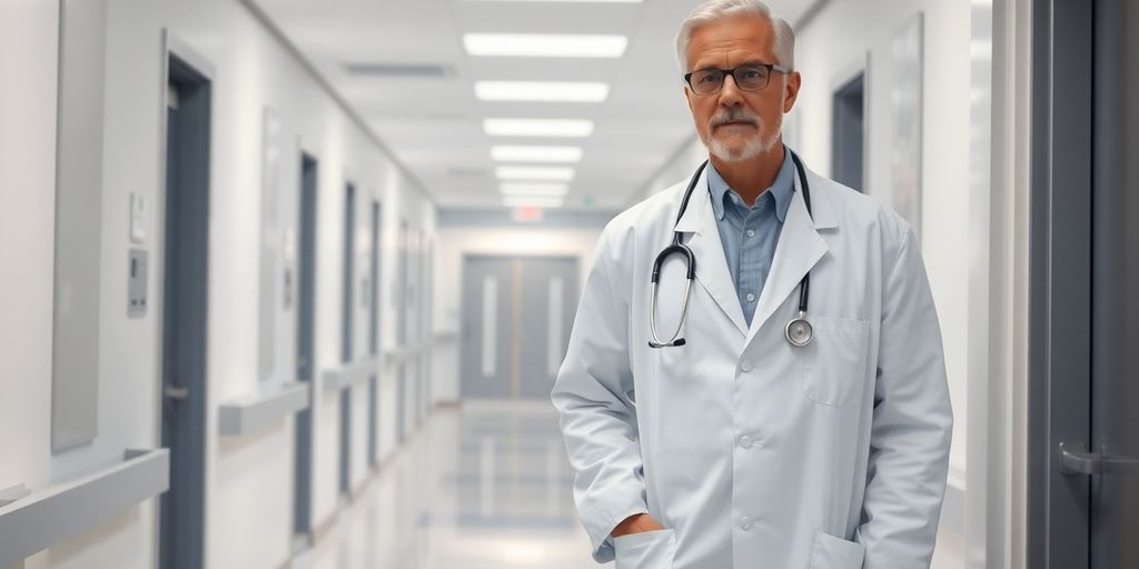 Erfahrener Arzt in weißem Kittel, entschlossen in moderner Krankenhausumgebung wirken