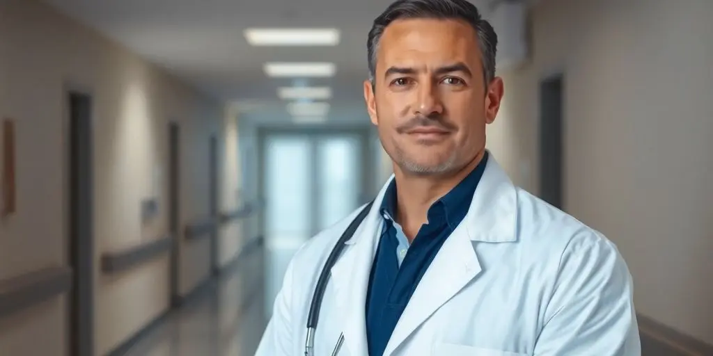 Arzt in weiß, moderner Krankenhausflur mit stethoskopischem Look, klar definiert.