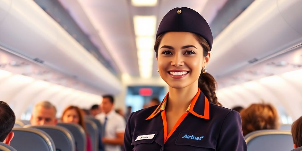 Lächelnde Flugbegleiterin im Flugzeuggang.