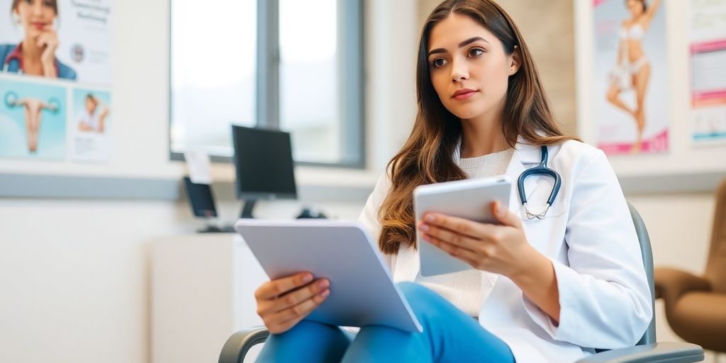 Junge Frau im Wartezimmer beim Frauenarzt.