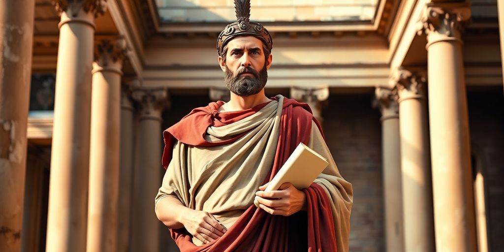 Altrömischer Beamter in Toga vor antiker Architektur.