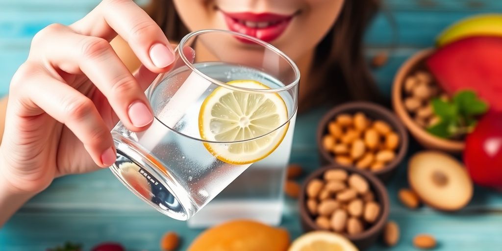 Person trinkt Wasser mit Zitrone und gesunden Snacks.