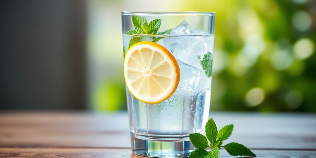 Glas Wasser mit Zitrone und Minze auf Holzoberfläche.