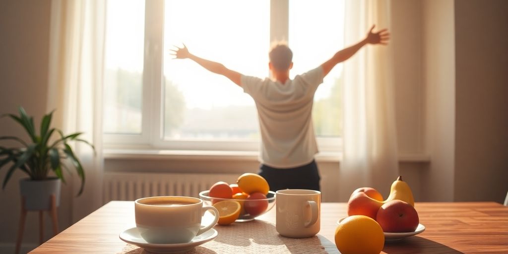 Person stretchend am Fenster mit Kaffeetasse und Obst.