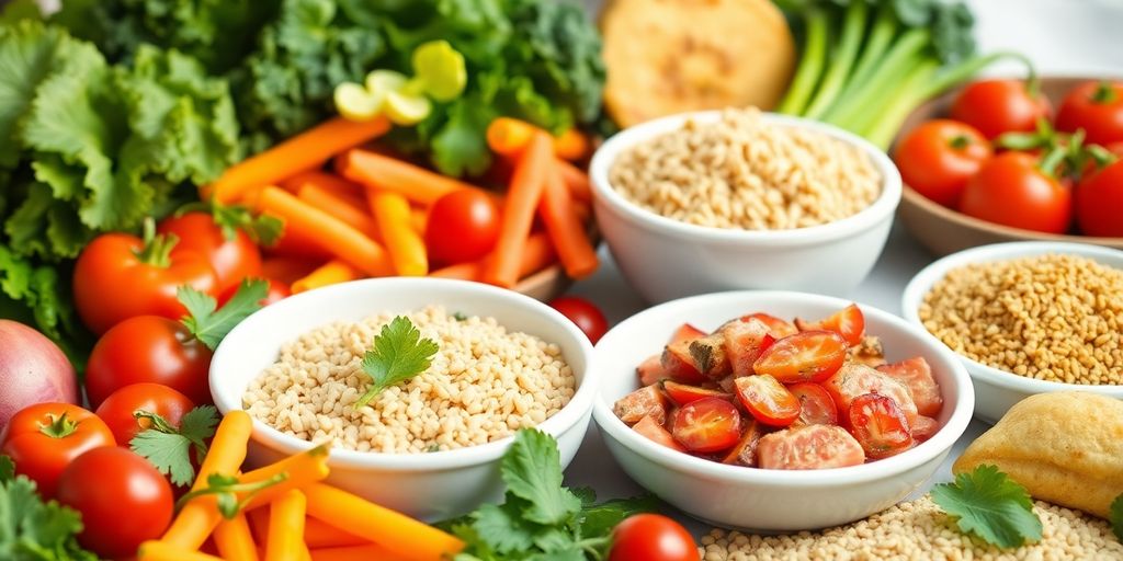 Gesunde Mahlzeit mit buntem Gemüse und magerem Protein.