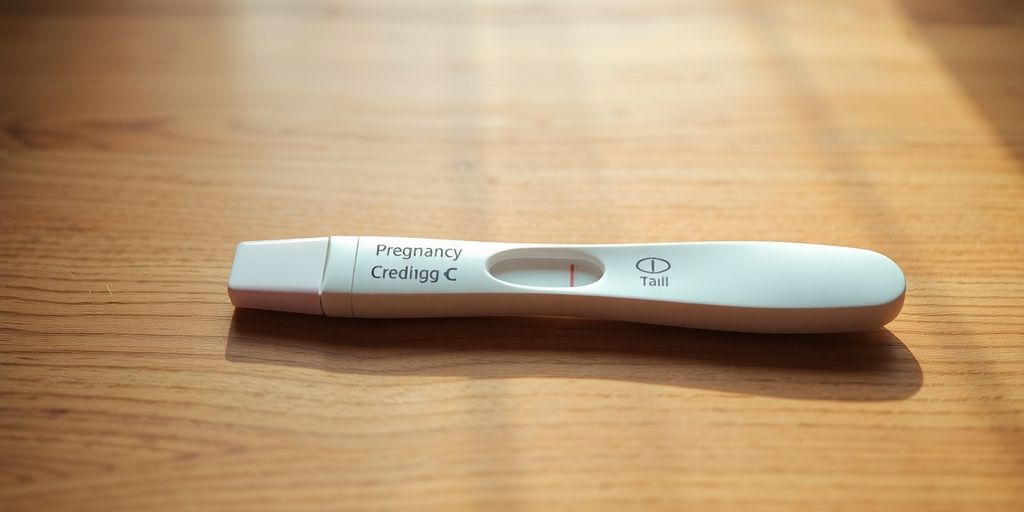 Schwangerschaftstest auf einer Holzoberfläche mit natürlichem Licht.