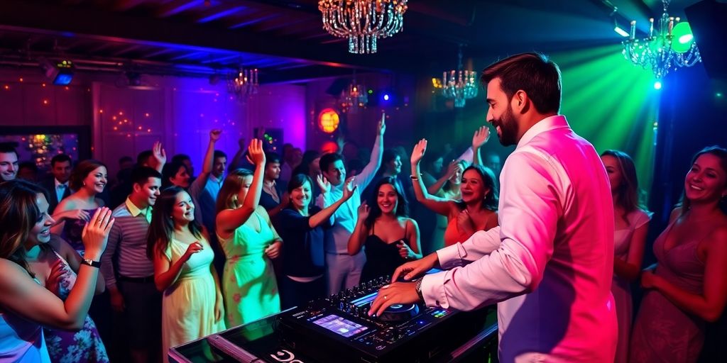 Hochzeits DJ mit tanzenden Gästen und bunten Lichtern.
