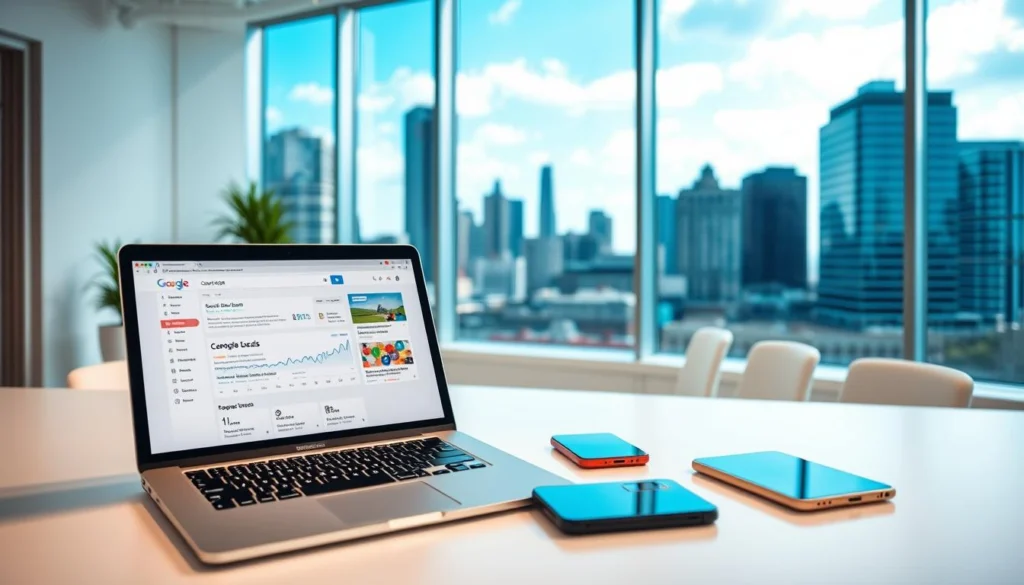 A modern, minimalist office interior with a clean, professional atmosphere. In the foreground, a laptop on a sleek desk displays a search engine optimization dashboard, reflecting the focus on local SEO. The middle ground features an array of digital devices, including a smartphone and tablet, emphasizing the importance of mobile optimization. In the background, large windows provide natural lighting and a view of a vibrant city skyline, underscoring the local nature of the subject matter. The overall tone is one of efficiency, innovation, and a commitment to helping small and medium-sized businesses thrive in their local markets. A modern, minimalist office interior with a clean, professional atmosphere. In the foreground, a laptop on a sleek desk displays a search engine optimization dashboard, reflecting the focus on local SEO. The middle ground features an array of digital devices, including a smartphone and tablet, emphasizing the importance of mobile optimization. In the background, large windows provide natural lighting and a view of a vibrant city skyline, underscoring the local nature of the subject matter. The overall tone is one of efficiency, innovation, and a commitment to helping small and medium-sized businesses thrive in their local markets.