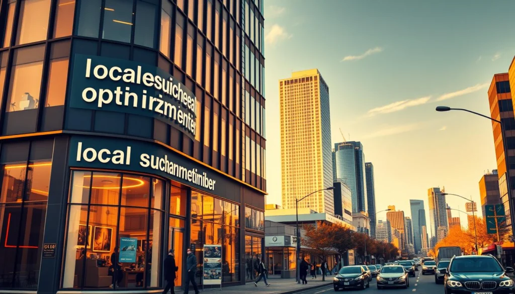 A vibrant cityscape with a modern office building in the foreground, its facade adorned with prominent "lokale suchmaschinenoptimierung" signage. The building is bathed in warm, golden lighting, creating a professional and authoritative atmosphere. In the middle ground, a bustling street scene with pedestrians and vehicles, hinting at the thriving local business community. The background features a skyline of skyscrapers, symbolizing the digital landscape in which local search optimization takes place. The overall composition conveys the importance of effective local SEO for small and medium-sized enterprises seeking to improve their online visibility and reach within their community. A vibrant cityscape with a modern office building in the foreground, its facade adorned with prominent "lokale suchmaschinenoptimierung" signage. The building is bathed in warm, golden lighting, creating a professional and authoritative atmosphere. In the middle ground, a bustling street scene with pedestrians and vehicles, hinting at the thriving local business community. The background features a skyline of skyscrapers, symbolizing the digital landscape in which local search optimization takes place. The overall composition conveys the importance of effective local SEO for small and medium-sized enterprises seeking to improve their online visibility and reach within their community.