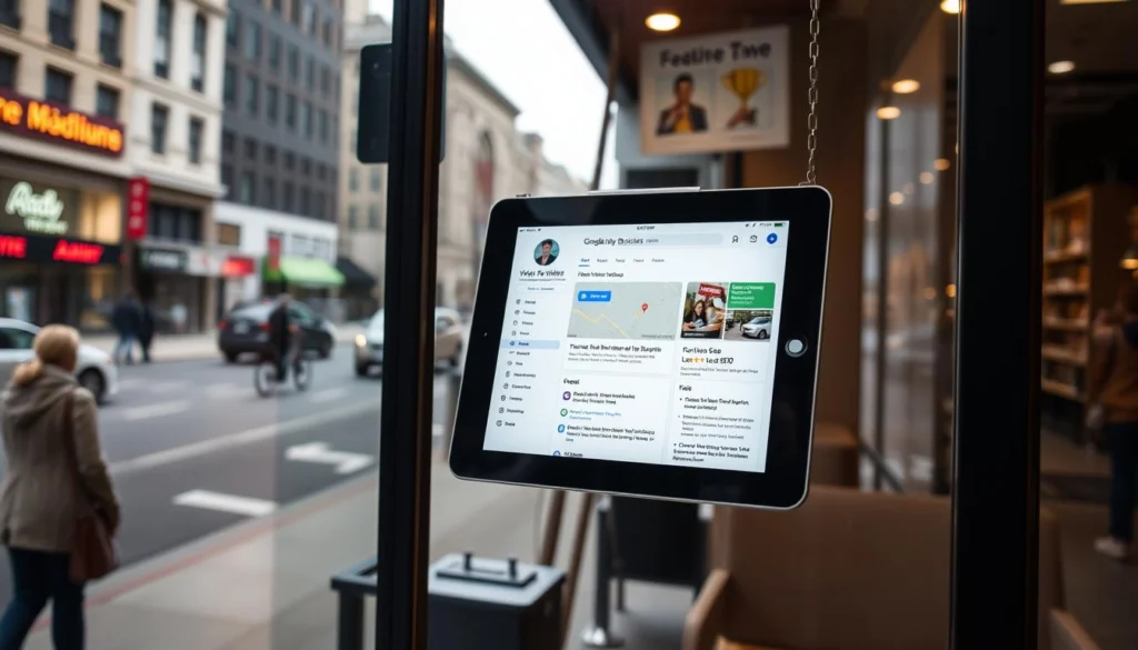 A well-lit storefront window display showcasing a digital tablet with a Google My Business profile page open, highlighting key optimization features like business information, reviews, and local SEO settings. In the background, a city street scene with pedestrians and passing vehicles, conveying a sense of a thriving local business district. The overall mood is professional, informative, and inviting, emphasizing the importance of optimizing one's online presence to better connect with the local community. A well-lit storefront window display showcasing a digital tablet with a Google My Business profile page open, highlighting key optimization features like business information, reviews, and local SEO settings. In the background, a city street scene with pedestrians and passing vehicles, conveying a sense of a thriving local business district. The overall mood is professional, informative, and inviting, emphasizing the importance of optimizing one's online presence to better connect with the local community.