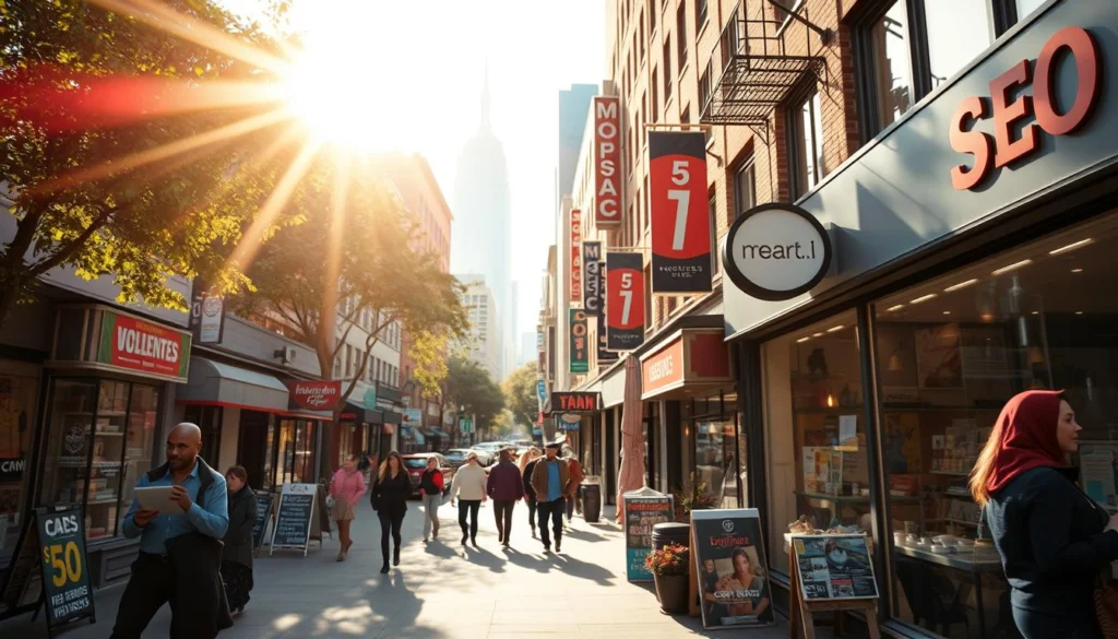 Local SEO - a vibrant urban scene with a bustling main street, storefronts, and pedestrians. Warm sunlight filters through the trees, casting a golden glow on the scene. In the foreground, a small business owner stands outside their shop, optimizing their local search presence on a tablet. The middle ground features colorful signage, window displays, and people exploring the neighborhood. The background showcases the cityscape, with skyscrapers and landmarks in the distance. The overall mood is one of community, productivity, and a thriving local economy. Shot with a wide-angle lens to capture the dynamic urban environment. Local SEO - a vibrant urban scene with a bustling main street, storefronts, and pedestrians. Warm sunlight filters through the trees, casting a golden glow on the scene. In the foreground, a small business owner stands outside their shop, optimizing their local search presence on a tablet. The middle ground features colorful signage, window displays, and people exploring the neighborhood. The background showcases the cityscape, with skyscrapers and landmarks in the distance. The overall mood is one of community, productivity, and a thriving local economy. Shot with a wide-angle lens to capture the dynamic urban environment.