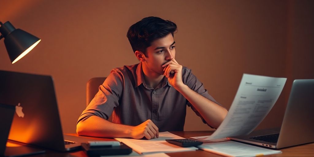 Junger Erwachsener mit Finanzunterlagen am Schreibtisch.