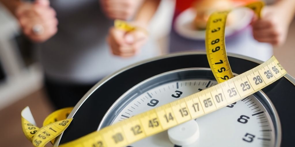 Wiege mit Maßband und Fitnessmotiv im Hintergrund.