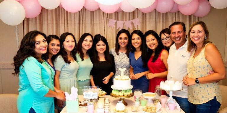 Freunde feiern eine fröhliche Babyparty mit Dekoration.