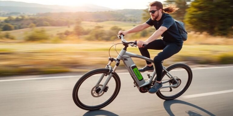 Schnelle E-Bike-Fahrt durch malerische Landschaft bei Tageslicht.