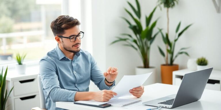 Junger Berufstätiger bei der Finanzberechnung am Schreibtisch.