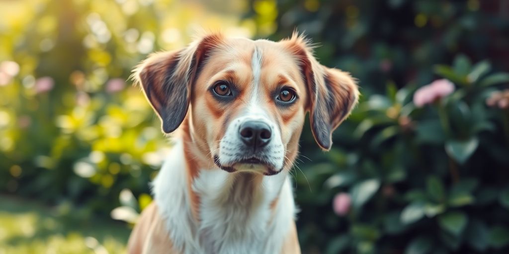 Hündin sitzt in einem ruhigen Garten, sanftes Licht.