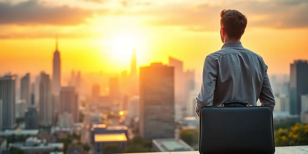 Junger Berufstätiger blickt auf die Skyline bei Sonnenuntergang.