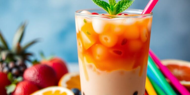 Bunte Bubble Tea mit Tapioka-Perlen und bunten Strohhalmen.