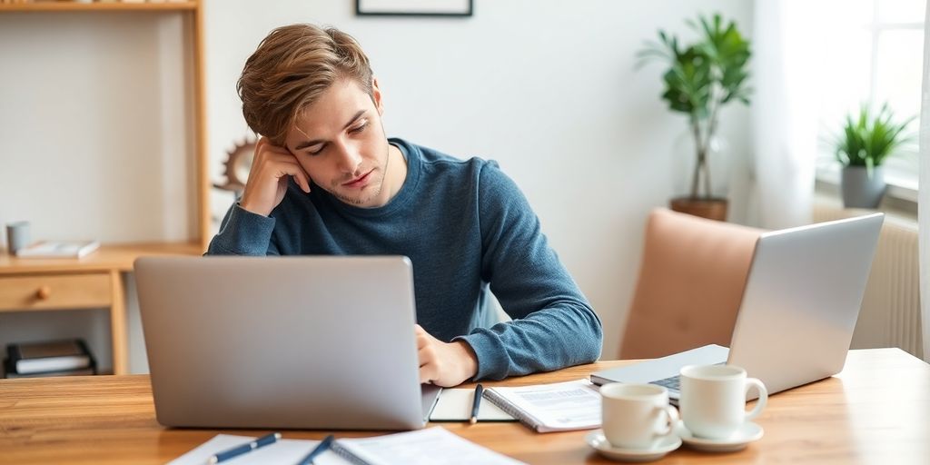 Junge Erwachsene prüft Finanzen am Tisch mit Laptop.