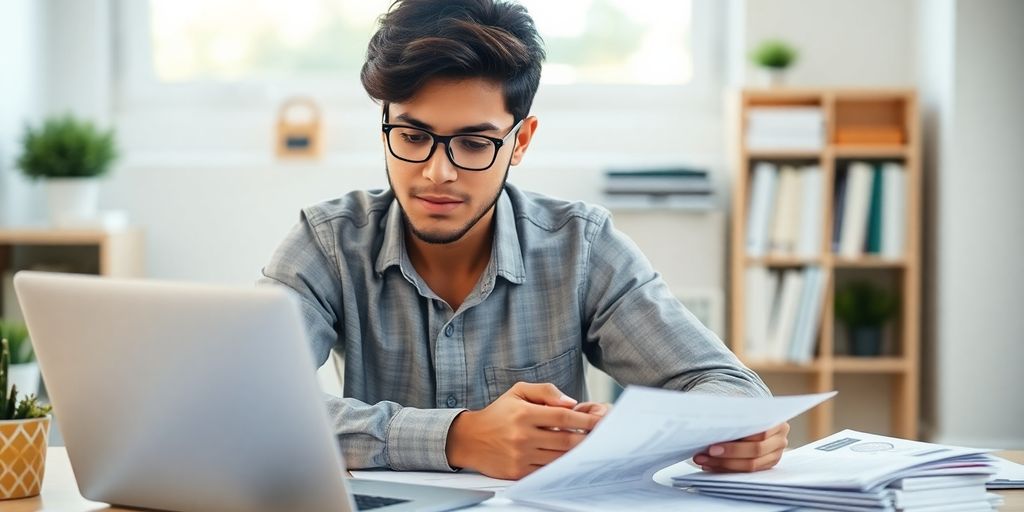 Junger Erwachsener überprüft Finanzen am Laptop.
