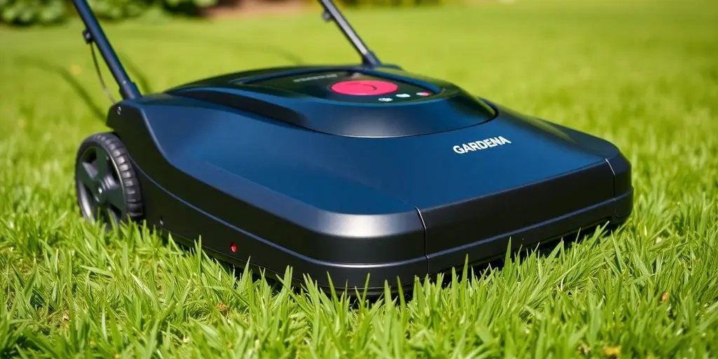 Nahaufnahme des Gardena Sileno Minimo 250 Rasenmähers.