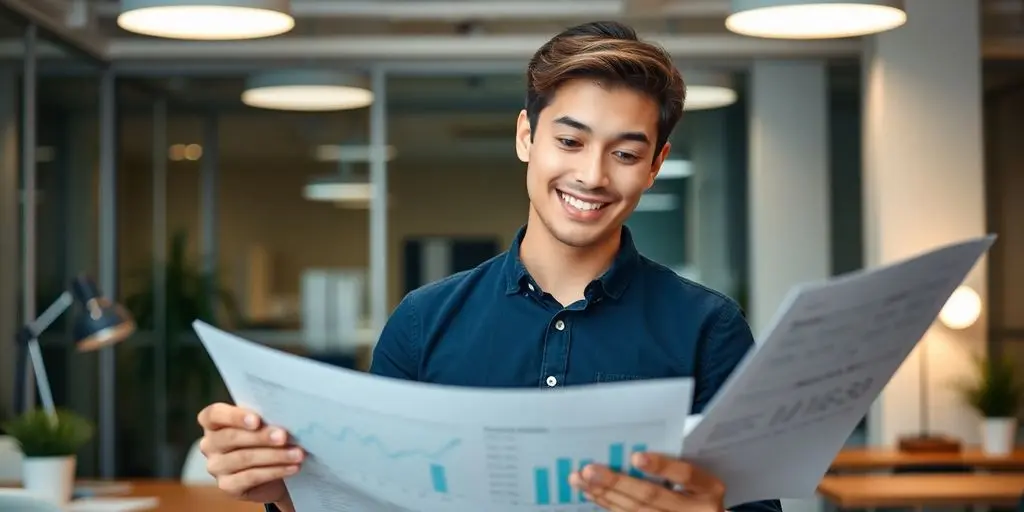 Junger Berufseinsteiger mit Gehaltsübersicht im Büro.