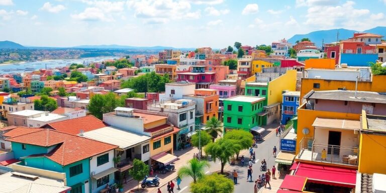 Stadtansicht mit erschwinglichem Wohnraum und lebhaften Straßen.