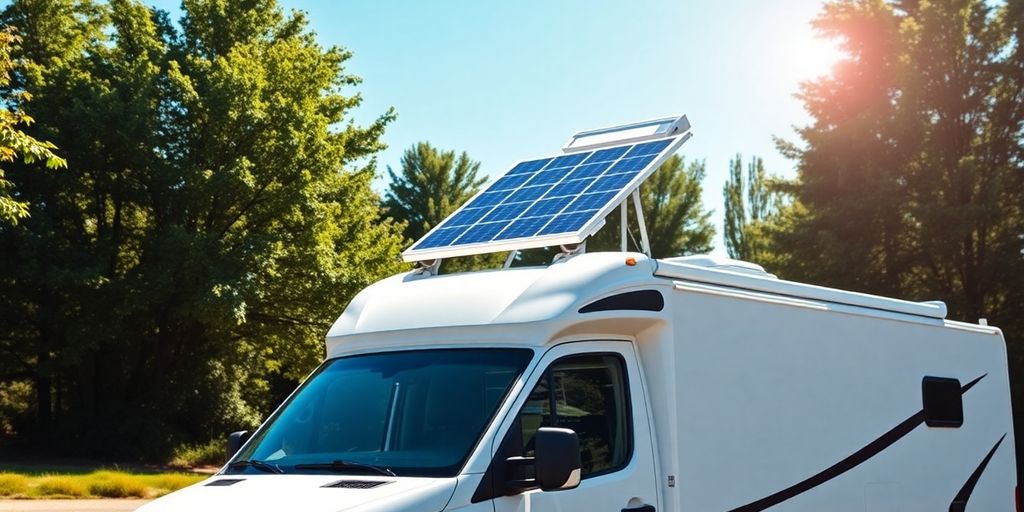 Solaranlage auf Wohnmobil im Campingbereich.