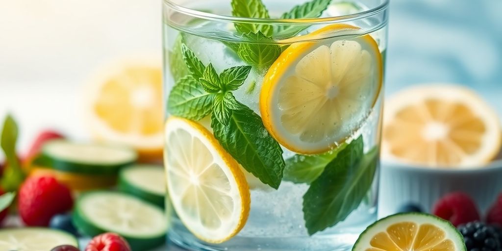 Glas Wasser mit Zitrone und frischen Minzblättern.