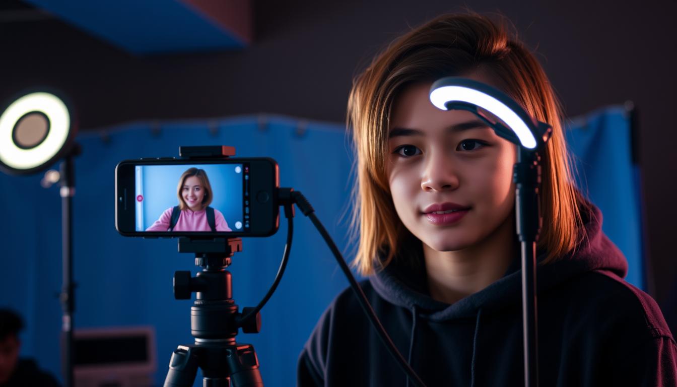 Person erstellt TikTok-Video mit professioneller Beleuchtung und Kamera
