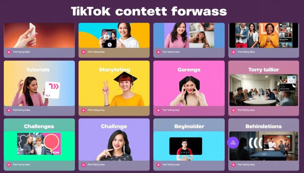 Verschiedene TikTok-Inhaltsformate wie Tutorials, Storytelling und Challenges Verschiedene TikTok-Inhaltsformate wie Tutorials, Storytelling und Challenges