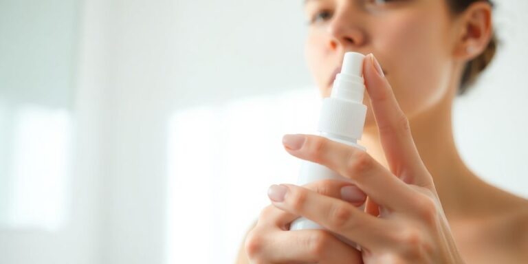 Person benutzt Nasenspray in einem hellen Badezimmer.
