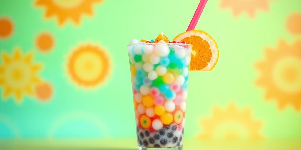 Bunte Bubble Tea-Tasse mit frischen Obstscheiben und Strohhalm.