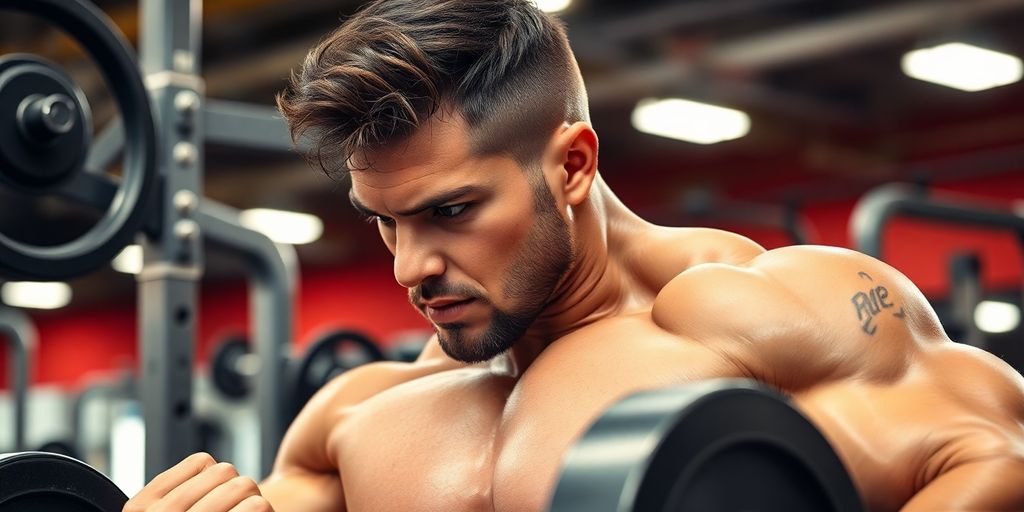 Gewichtheber trainiert gezielt eine Muskelgruppe im Fitnessstudio.