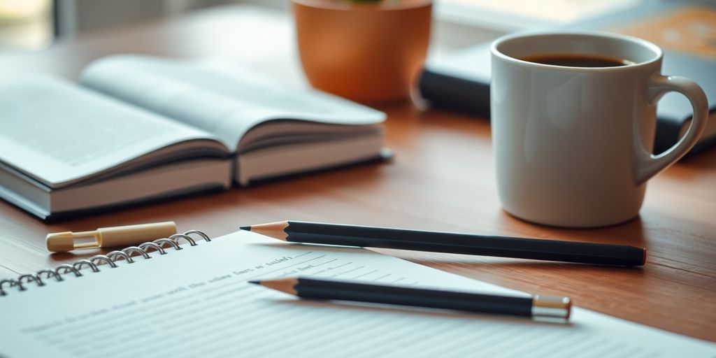 Ein Schreibtisch mit Notizbuch und Kaffee.