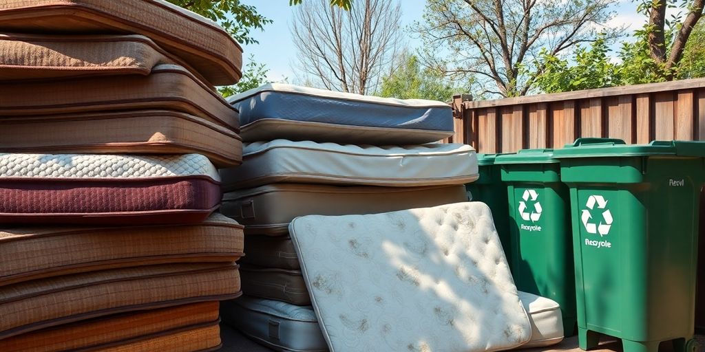 Alte Matratzen zur Entsorgung neben Recyclingbehältern.