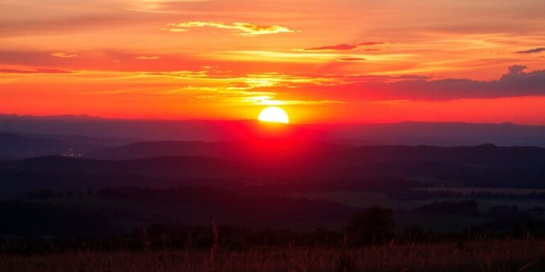 Ein dramatischer Sonnenuntergang über einer ruhigen Landschaft.