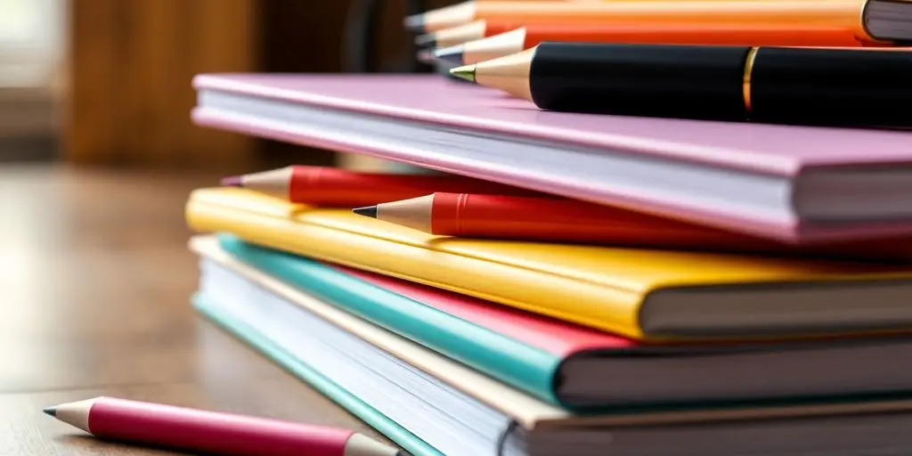 Stapel bunter Notizbücher und Stifte auf einem Tisch.