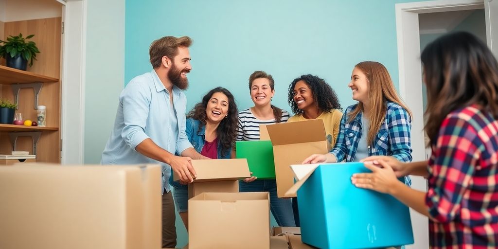 Freunde helfen beim Umzug mit Kartons und Kisten.