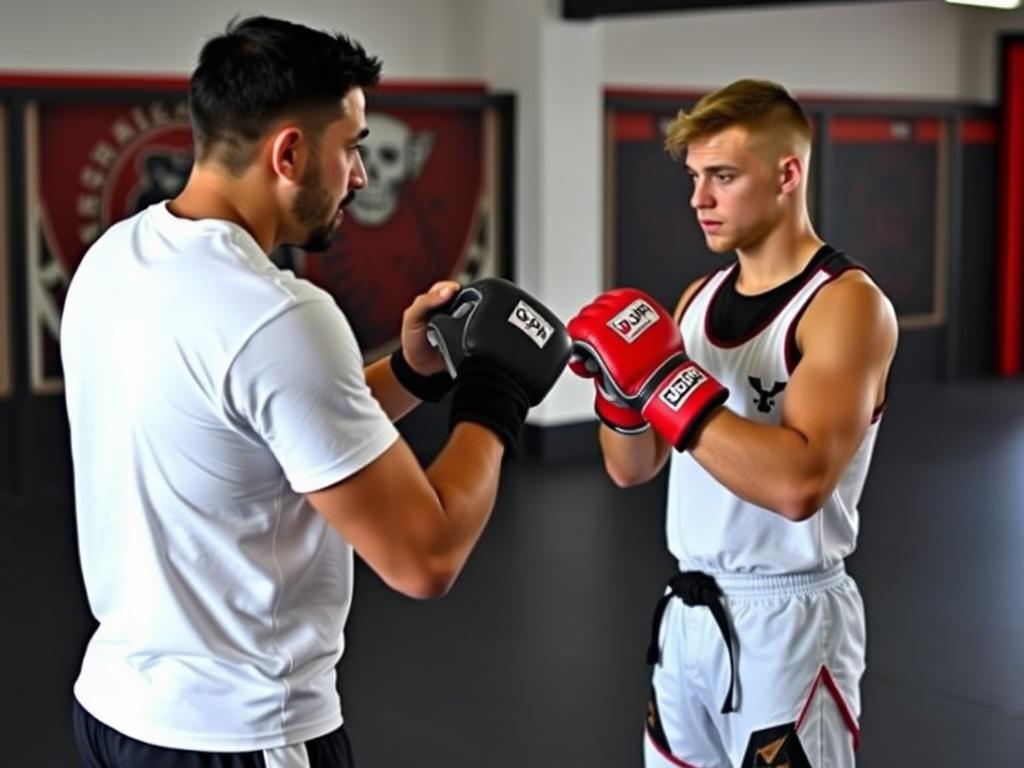 MMA Anfänger beim ersten Training mit einem Coach MMA Anfänger beim ersten Training mit einem Coach