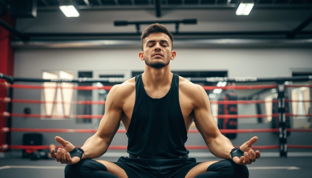 MMA Kämpfer bei mentaler Vorbereitung vor dem Training MMA Kämpfer bei mentaler Vorbereitung vor dem Training
