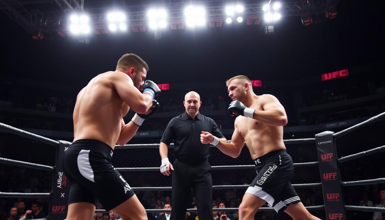 MMA Kämpfer in einem Oktagon während eines professionellen Wettkampfs