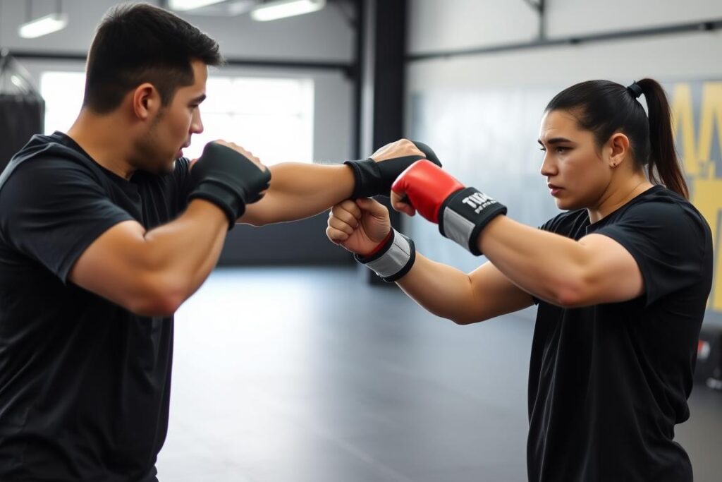 MMA Trainer demonstriert grundlegende Schlagtechniken für Anfänger MMA Trainer demonstriert grundlegende Schlagtechniken für Anfänger