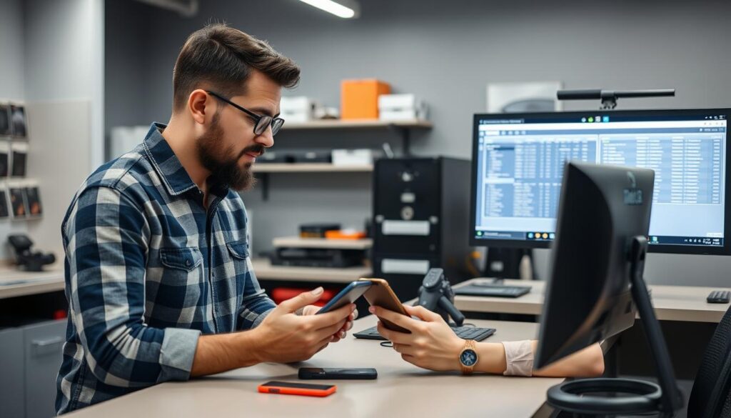 Kunde bei der Beratung in einer Werkstatt für Handy Reparaturen Kunde bei der Beratung in einer Werkstatt für Handy Reparaturen