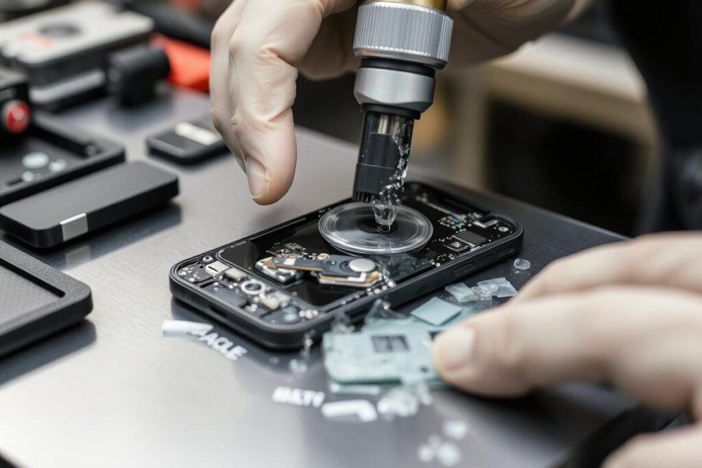 Smartphone mit Wasserschaden wird in einer Werkstatt für Handy Reparaturen behandelt Smartphone mit Wasserschaden wird in einer Werkstatt für Handy Reparaturen behandelt