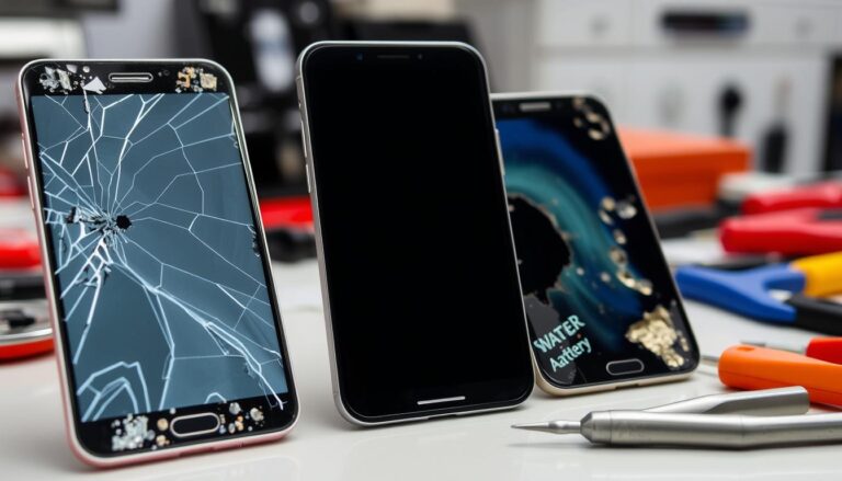Verschiedene Handy Reparaturen wie Displayschaden, Akkuprobleme und Wasserschäden