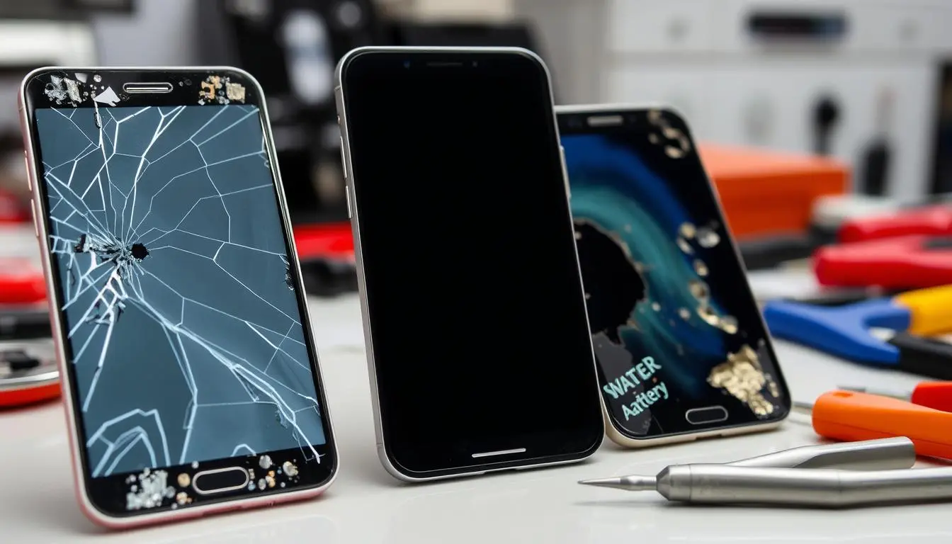 Verschiedene Handy Reparaturen wie Displayschaden, Akkuprobleme und Wasserschäden