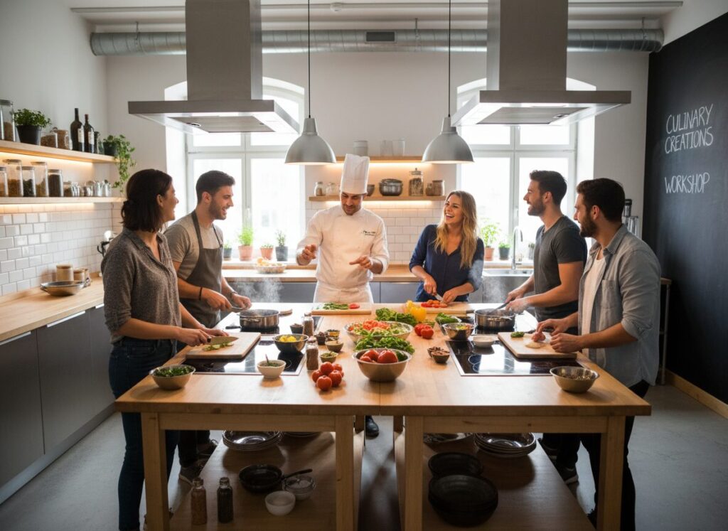 Gruppe beim gemeinsamen Kochkurs Indoor Aktivität Frankfurt